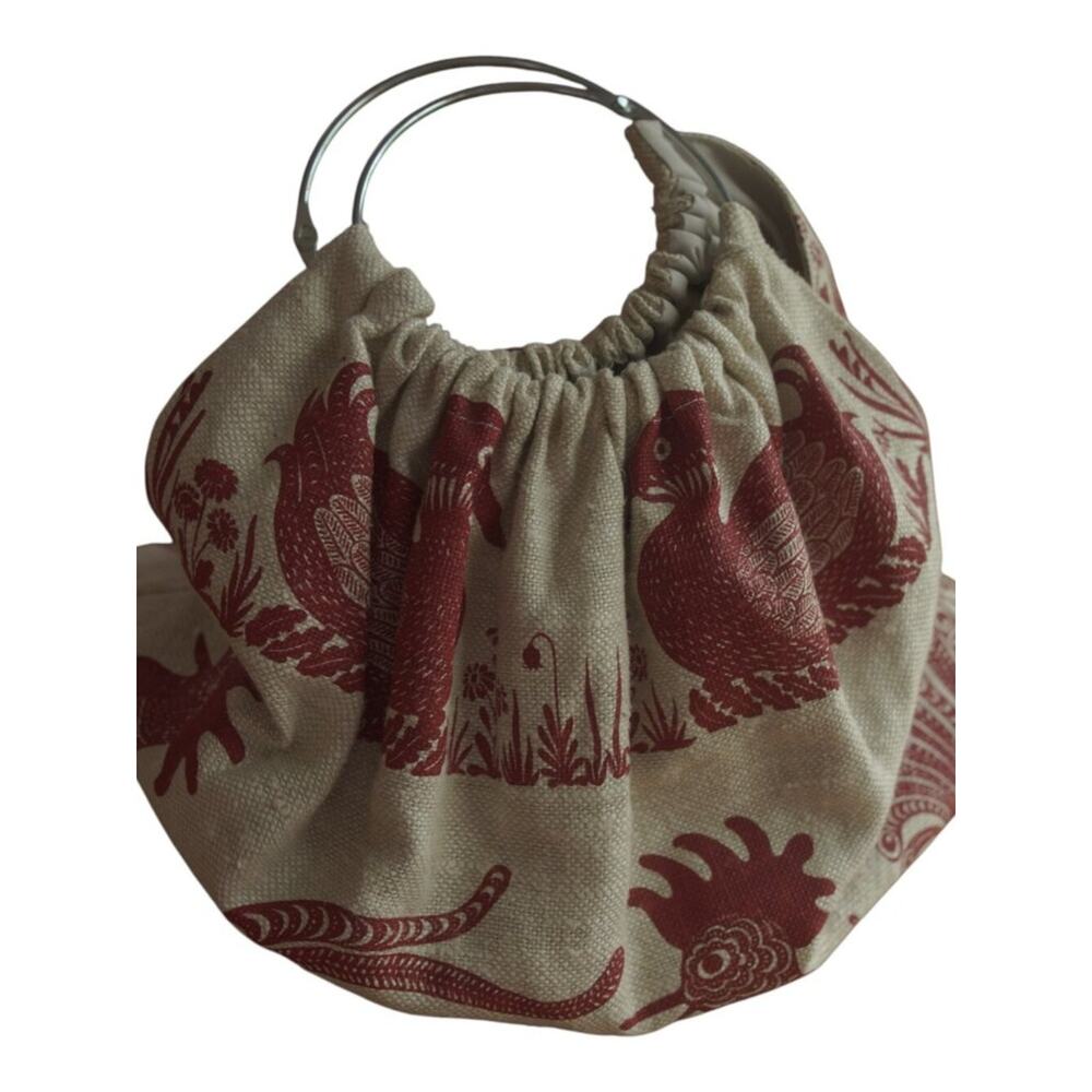 Vintage Rooster Bird Tapestry Ring Handle Bag Removable Cream Red Large - Picture 14 of 16